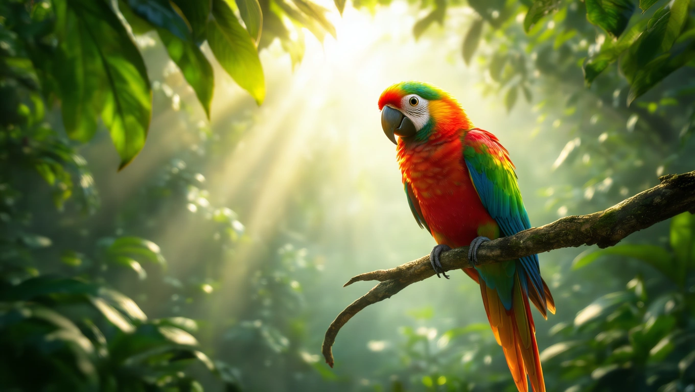 Un papagal Ara colorat stă pe o ramură, înconjurat de frunze verzi.